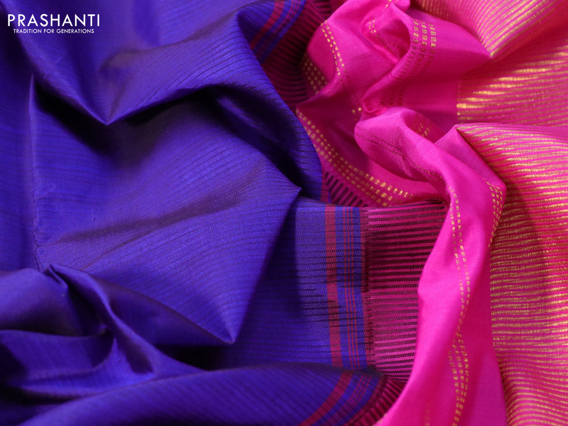 Pure kanchipuram silk saree blue and pink with plain body and temple design zari woven simple border