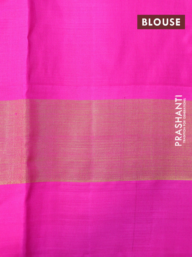 Pure kanchipuram silk saree blue and pink with plain body and temple design zari woven simple border