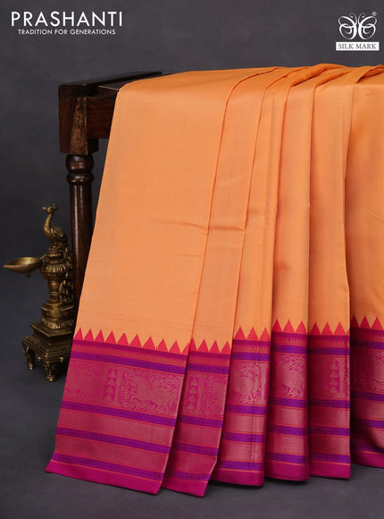 Pure kanchipuram silk saree pale orange and magenta pink with plain body and temple design thread woven border