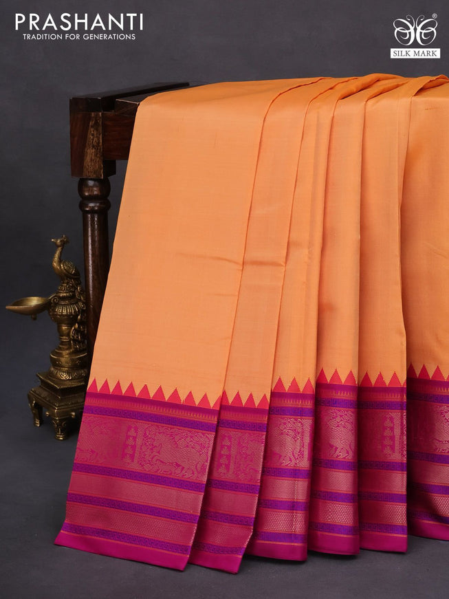 Pure kanchipuram silk saree pale orange and magenta pink with plain body and temple design thread woven border