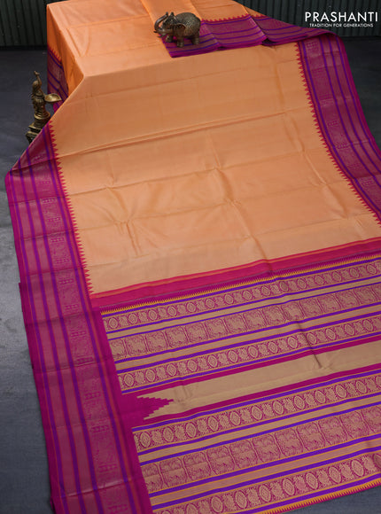 Pure kanchipuram silk saree pale orange and magenta pink with plain body and temple design thread woven border