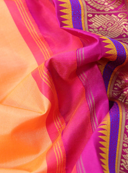 Pure kanchipuram silk saree pale orange and magenta pink with plain body and temple design thread woven border