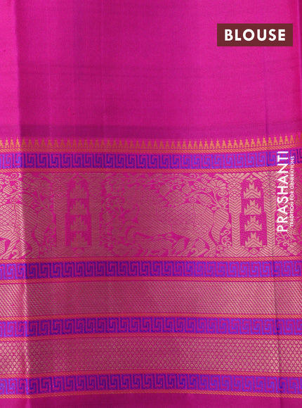 Pure kanchipuram silk saree pale orange and magenta pink with plain body and temple design thread woven border