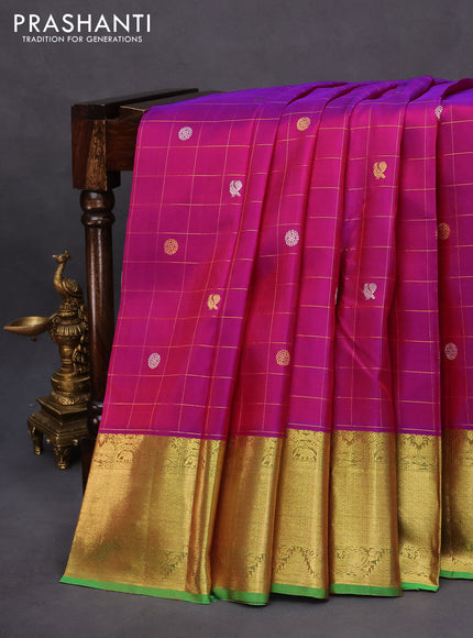 Pure kanchipuram silk saree dual shade of purple and light green with allover zari checks & buttas and rich zari woven border