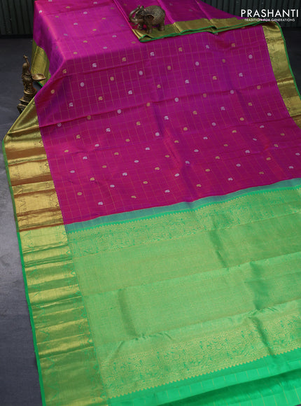 Pure kanchipuram silk saree dual shade of purple and light green with allover zari checks & buttas and rich zari woven border