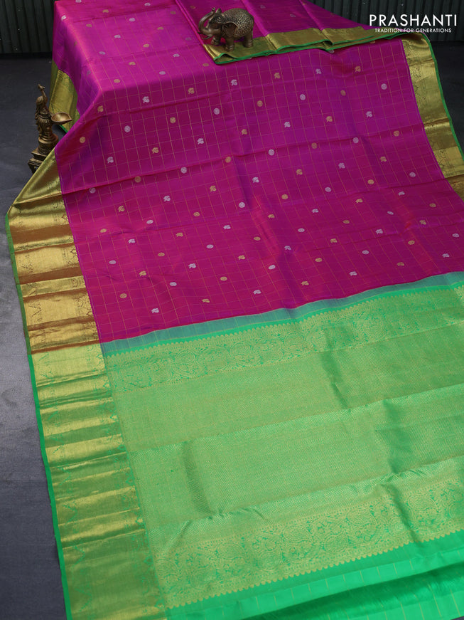 Pure kanchipuram silk saree dual shade of purple and light green with allover zari checks & buttas and rich zari woven border