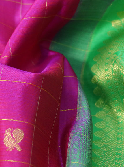 Pure kanchipuram silk saree dual shade of purple and light green with allover zari checks & buttas and rich zari woven border