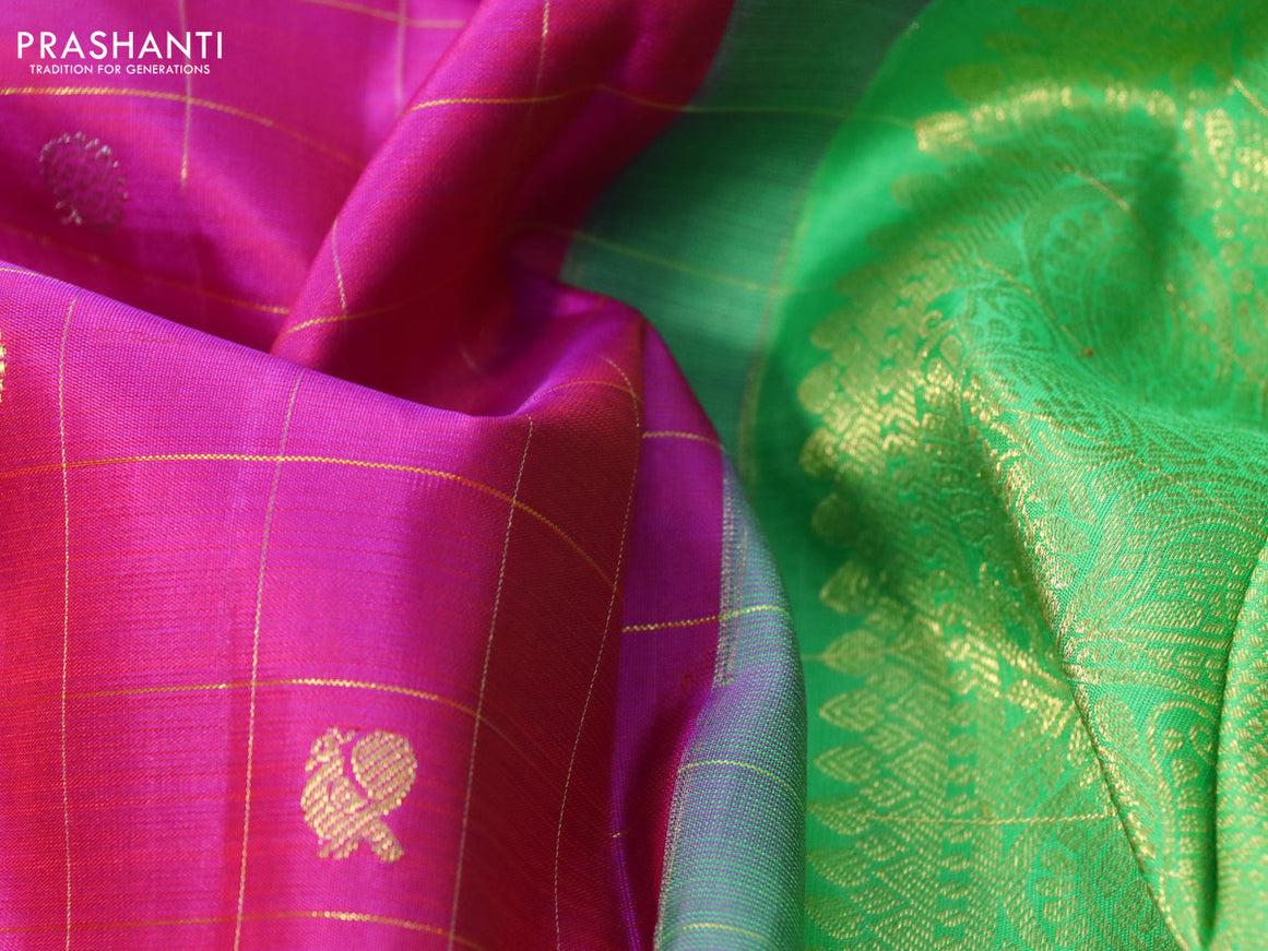 Pure kanchipuram silk saree dual shade of purple and light green with allover zari checks & buttas and rich zari woven border