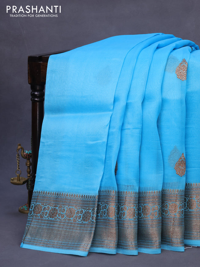 Banarasi organza silk saree light blue with thread & zari woven buttas and banarasi style border