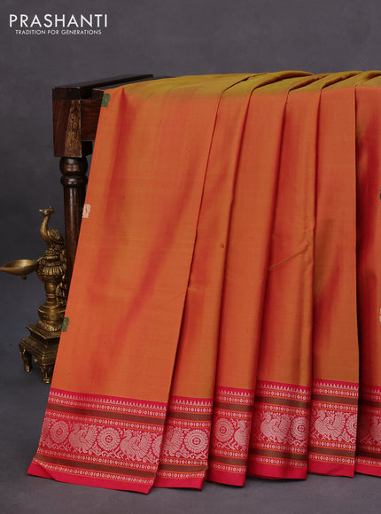 Pure kanchipuram silk saree dual shade of dark mustard and pink with thread woven buttas and thread woven border