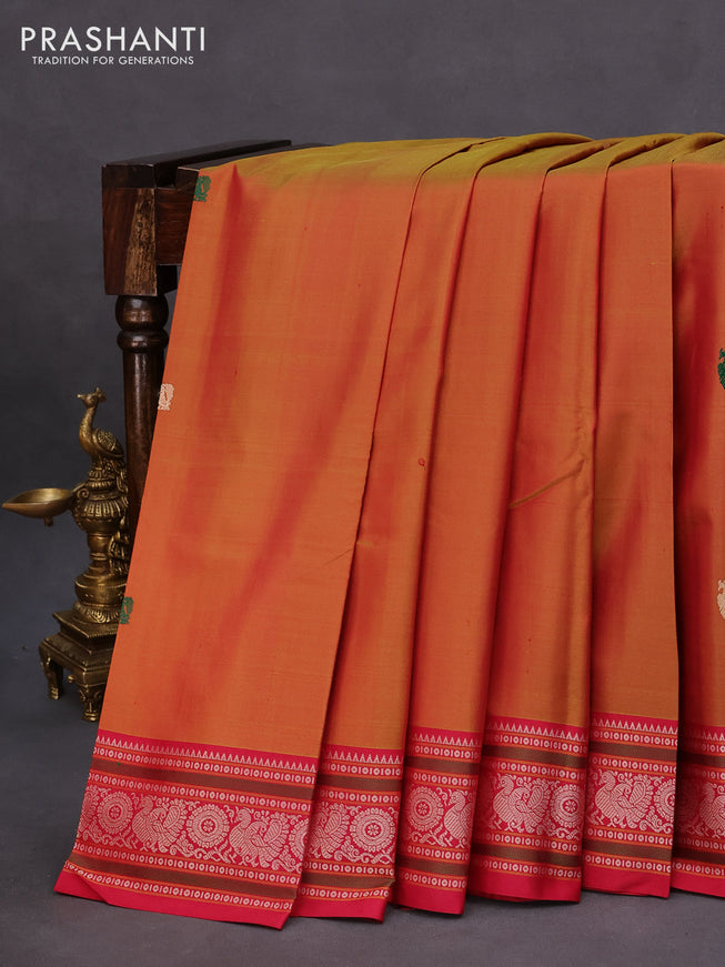 Pure kanchipuram silk saree dual shade of dark mustard and pink with thread woven buttas and thread woven border