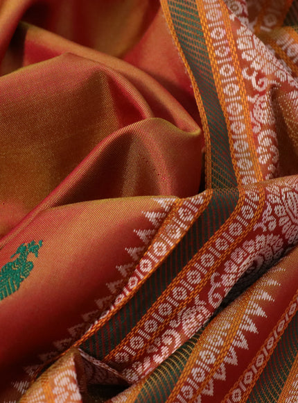 Pure kanchipuram silk saree dual shade of dark mustard and pink with thread woven buttas and thread woven border