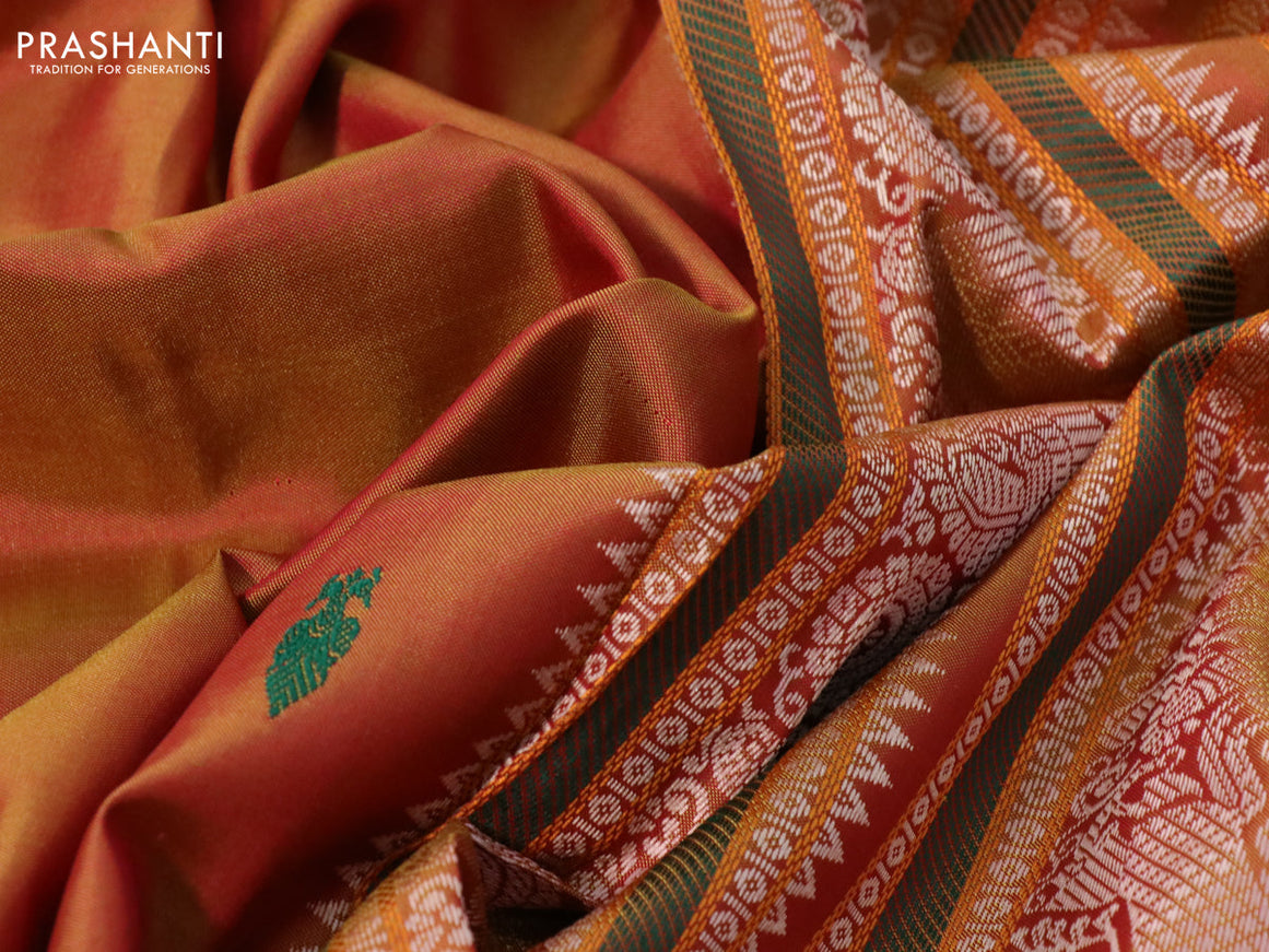 Pure kanchipuram silk saree dual shade of dark mustard and pink with thread woven buttas and thread woven border