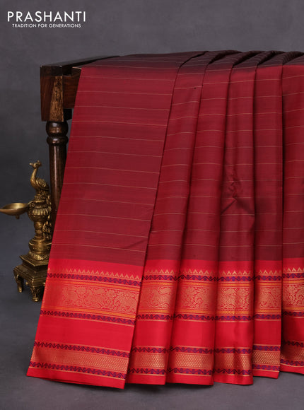 Pure kanchipuram silk saree deep maroon and red with allover thread stripes and long thread woven border