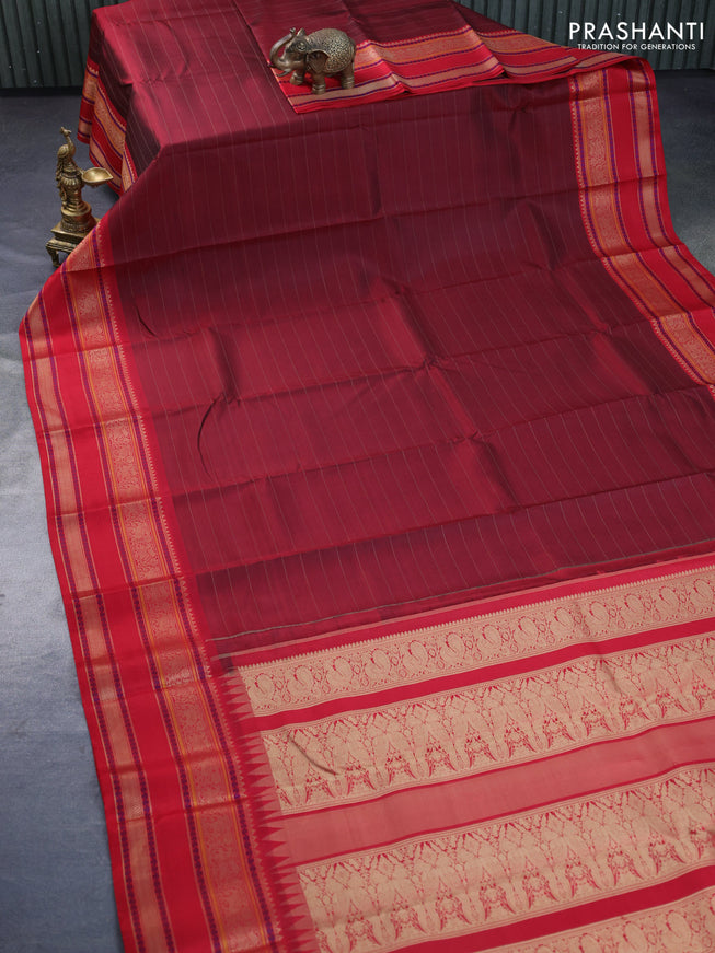 Pure kanchipuram silk saree deep maroon and red with allover thread stripes and long thread woven border