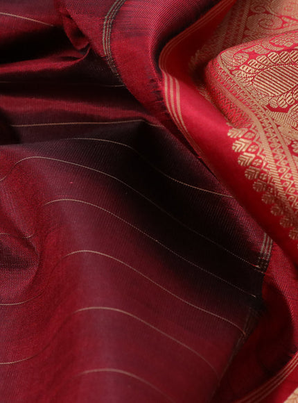 Pure kanchipuram silk saree deep maroon and red with allover thread stripes and long thread woven border