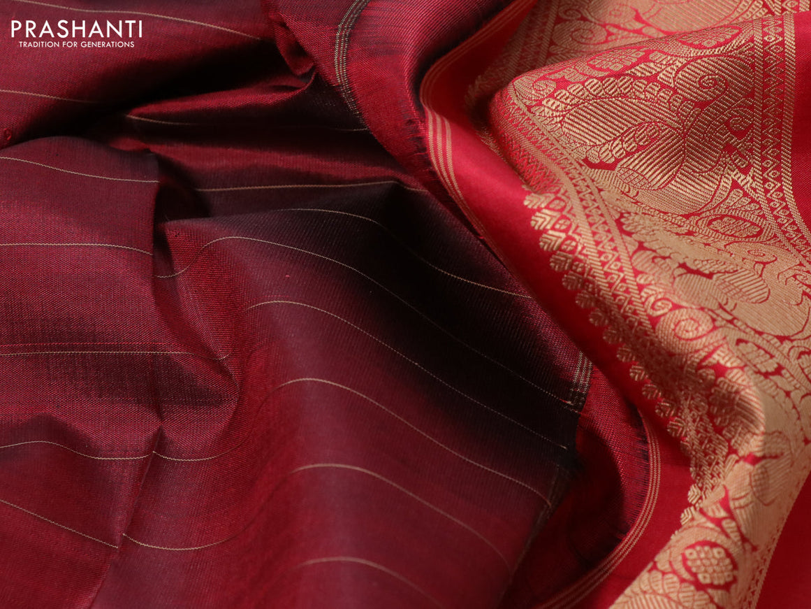 Pure kanchipuram silk saree deep maroon and red with allover thread stripes and long thread woven border