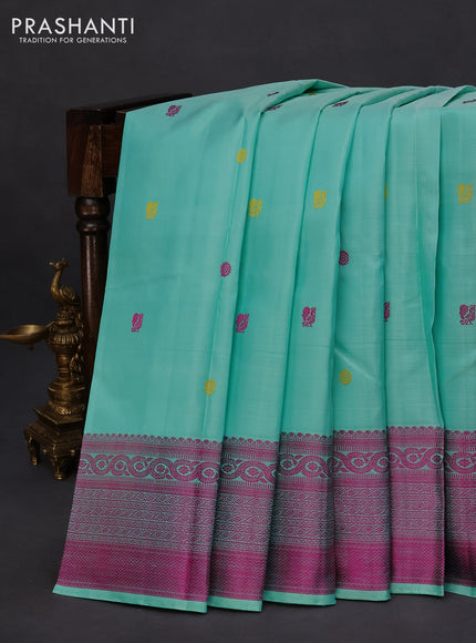 Pure kanchipuram silk saree teal blue and pink with thread woven buttas and long thread woven border