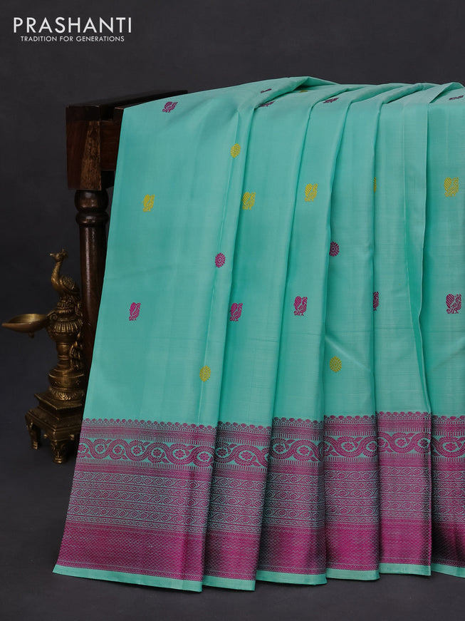 Pure kanchipuram silk saree teal blue and pink with thread woven buttas and long thread woven border