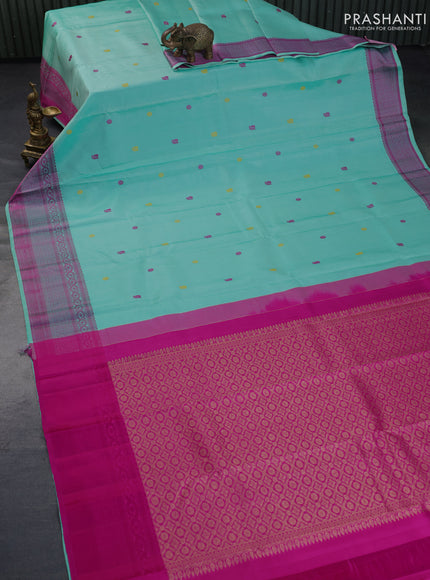 Pure kanchipuram silk saree teal blue and pink with thread woven buttas and long thread woven border