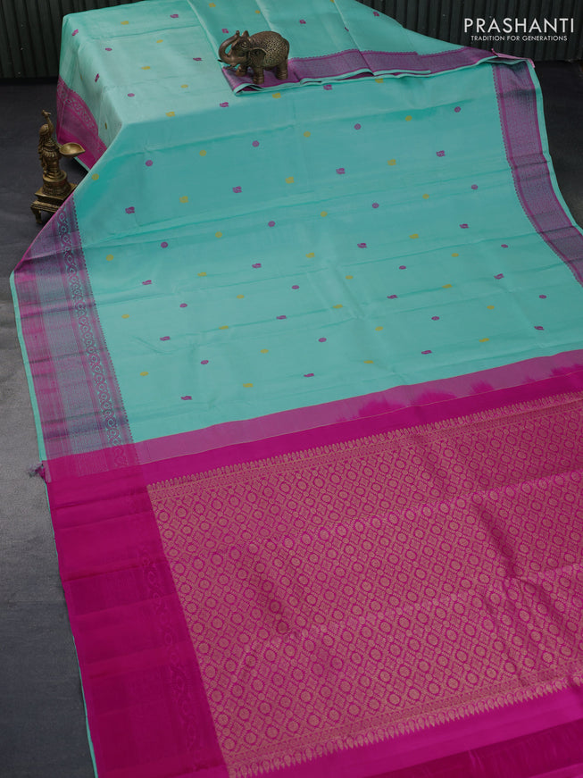 Pure kanchipuram silk saree teal blue and pink with thread woven buttas and long thread woven border