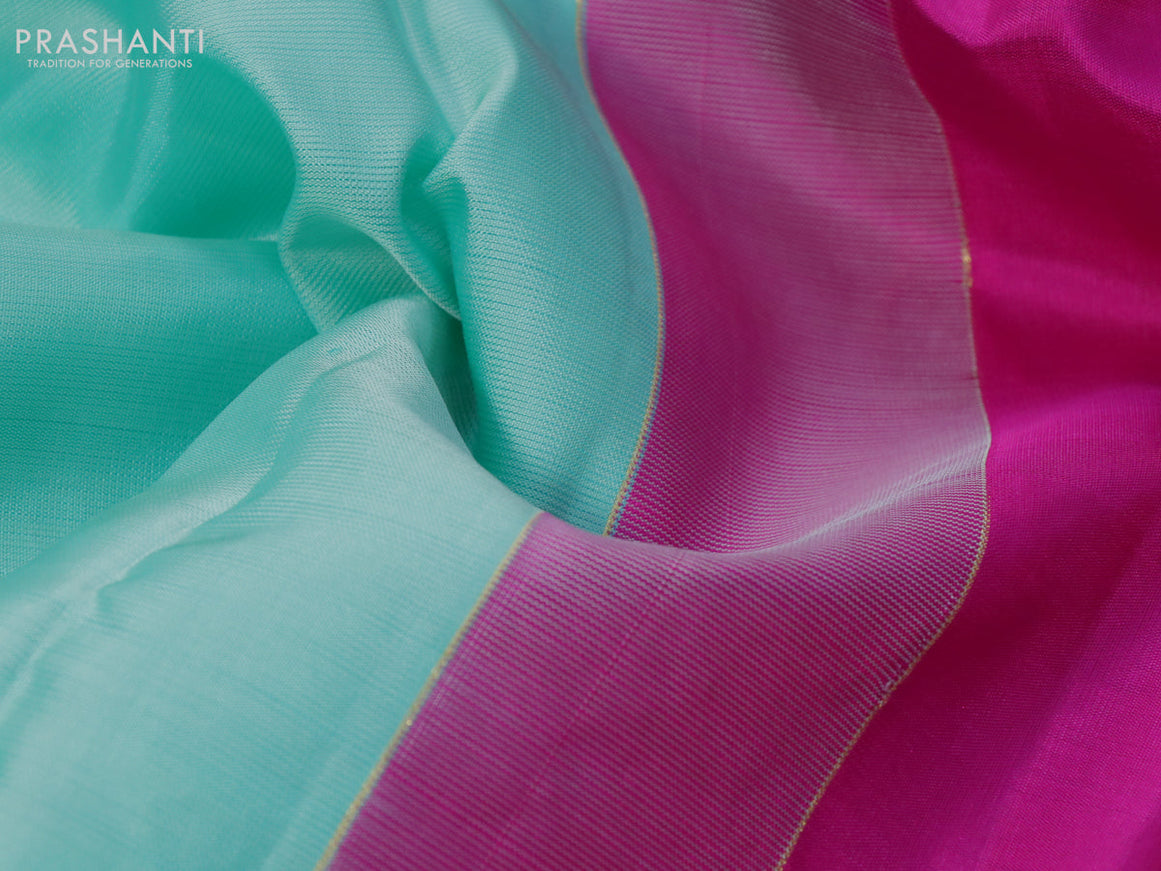 Pure kanchipuram silk saree teal blue and pink with thread woven buttas and long thread woven border