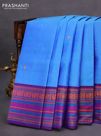 Pure kanchipuram silk saree blue and dual shade violet with thread woven buttas and long thread woven border