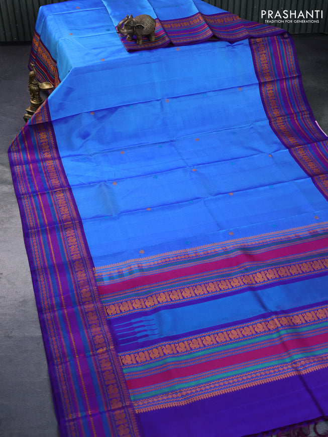 Pure kanchipuram silk saree blue and dual shade violet with thread woven buttas and long thread woven border