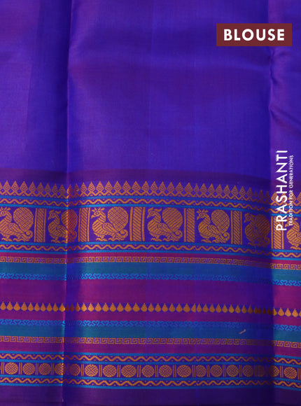 Pure kanchipuram silk saree blue and dual shade violet with thread woven buttas and long thread woven border