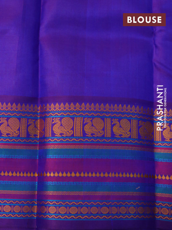 Pure kanchipuram silk saree blue and dual shade violet with thread woven buttas and long thread woven border