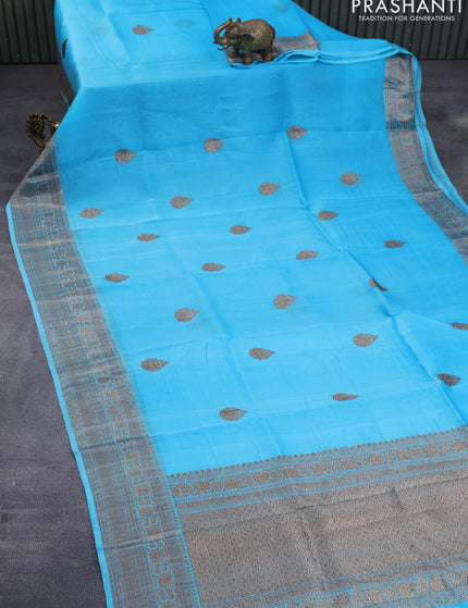 Banarasi organza silk saree light blue with thread & zari woven buttas and banarasi style border