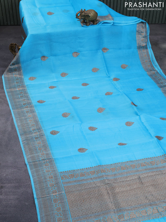 Banarasi organza silk saree light blue with thread & zari woven buttas and banarasi style border