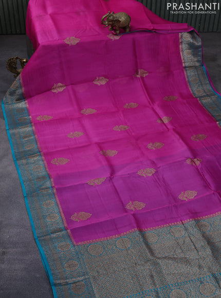 Banarasi organza silk saree pink and teal green with thread & zari woven buttas and banarasi style border