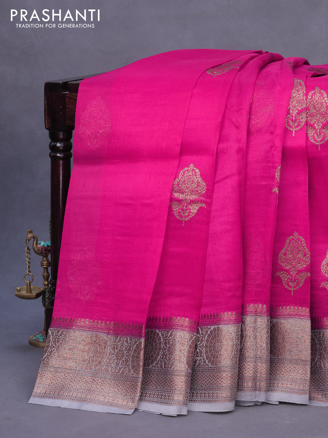 Banarasi organza silk saree magenta pink and grey with thread & zari woven buttas and banarasi style border