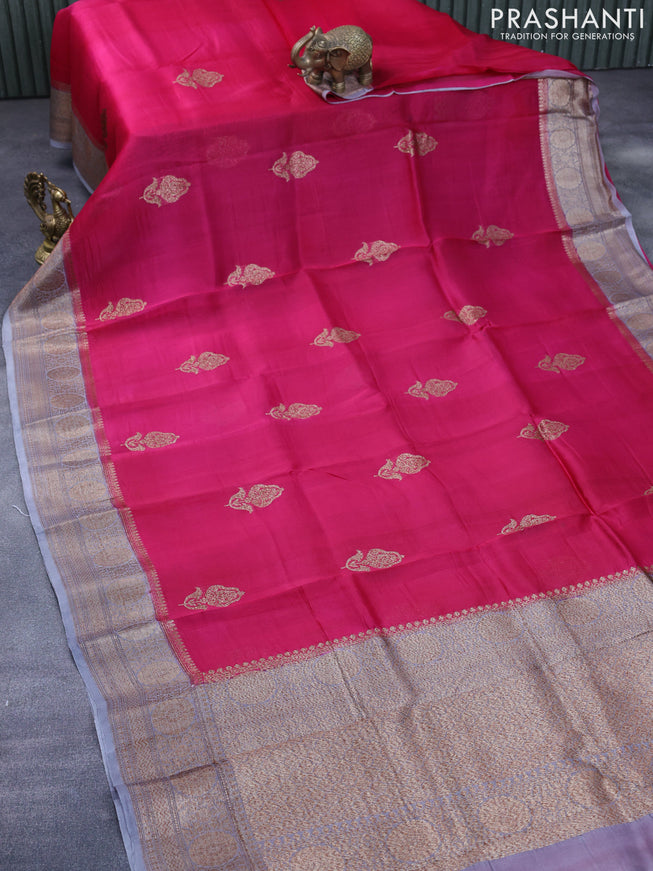 Banarasi organza silk saree magenta pink and grey with thread & zari woven buttas and banarasi style border