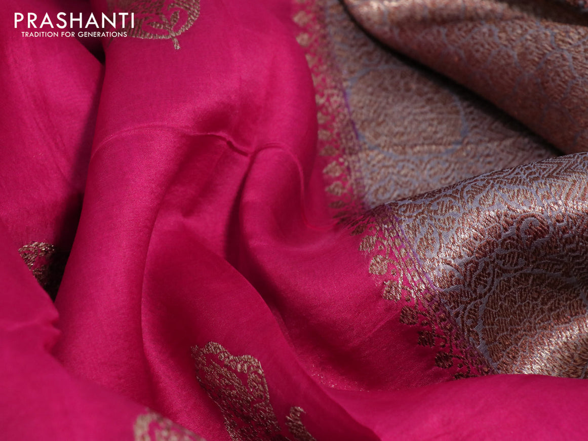 Banarasi organza silk saree magenta pink and grey with thread & zari woven buttas and banarasi style border