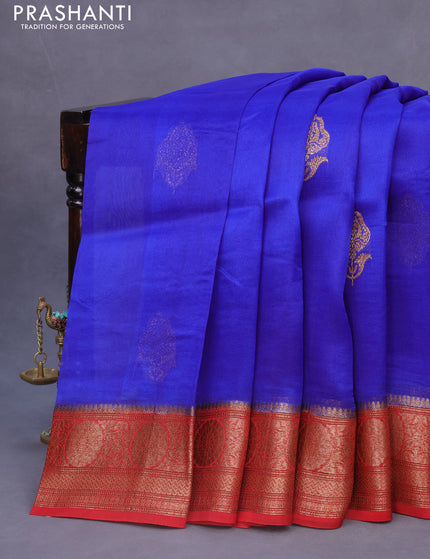 Banarasi organza silk saree royal blue and red with thread & zari woven buttas and banarasi style border