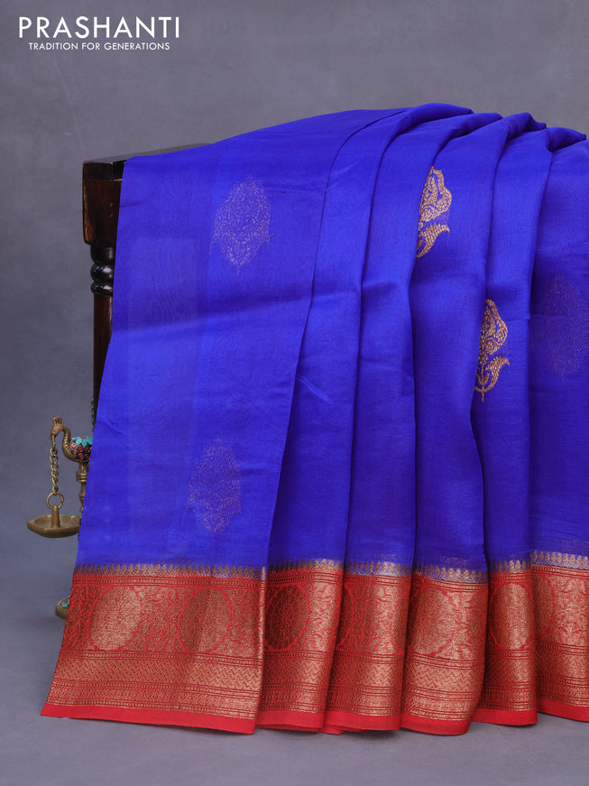 Banarasi organza silk saree royal blue and red with thread & zari woven buttas and banarasi style border