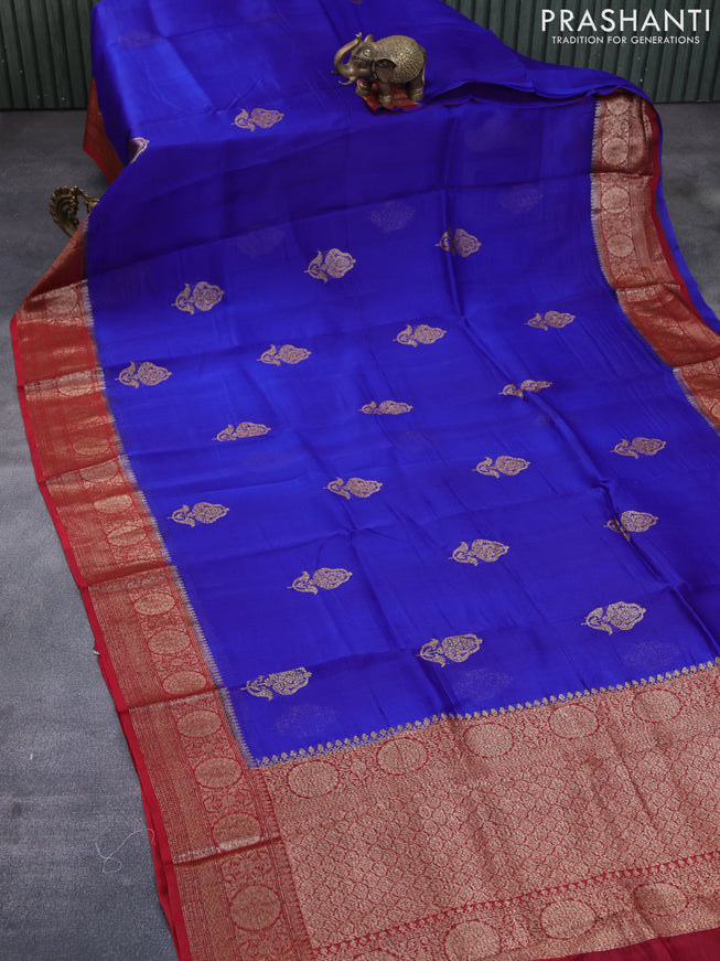 Banarasi organza silk saree royal blue and red with thread & zari woven buttas and banarasi style border