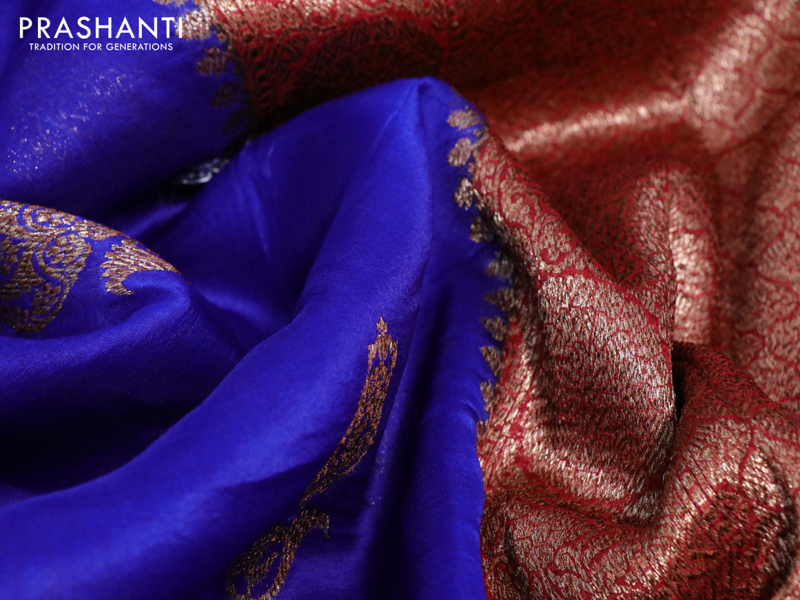 Banarasi organza silk saree royal blue and red with thread & zari woven buttas and banarasi style border