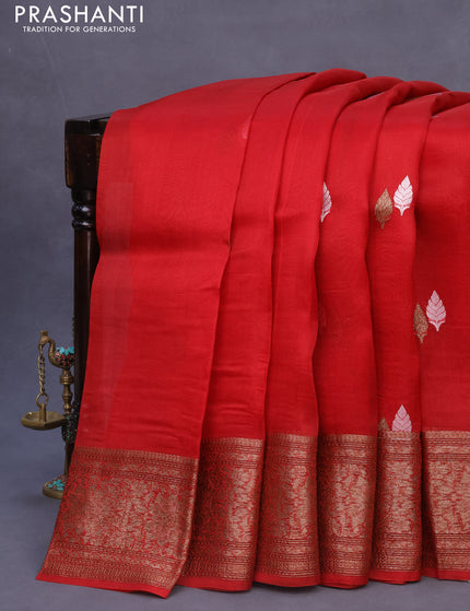 Banarasi organza silk saree red with thread & zari woven buttas and banarasi style border