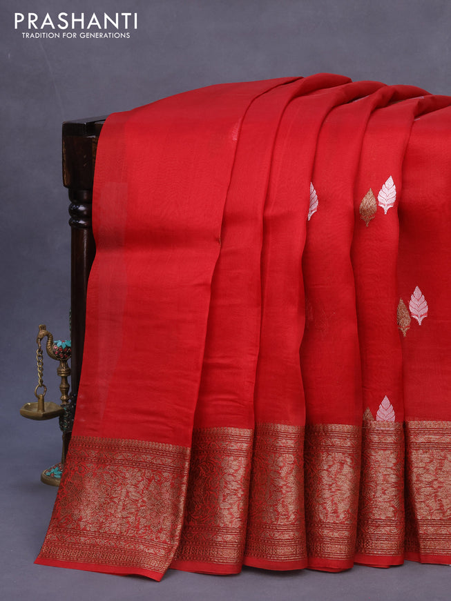 Banarasi organza silk saree red with thread & zari woven buttas and banarasi style border