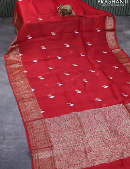 Banarasi organza silk saree red with thread & zari woven buttas and banarasi style border