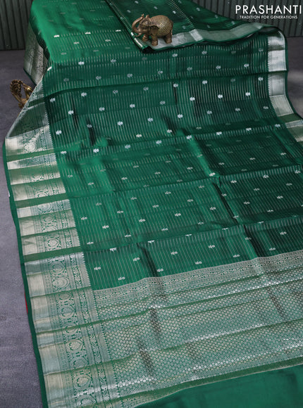 Poona silk saree green and red with allover banarasi zari weaves & zari buttas and silver zari woven border