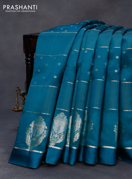 Poona silk saree teal blue with zari woven buttas and zari woven butta border