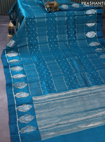 Poona silk saree teal blue with zari woven buttas and zari woven butta border