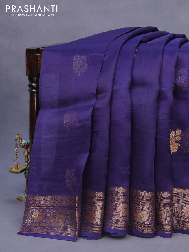 Banarasi organza silk saree navy blue with thread & zari woven buttas and banarasi style border