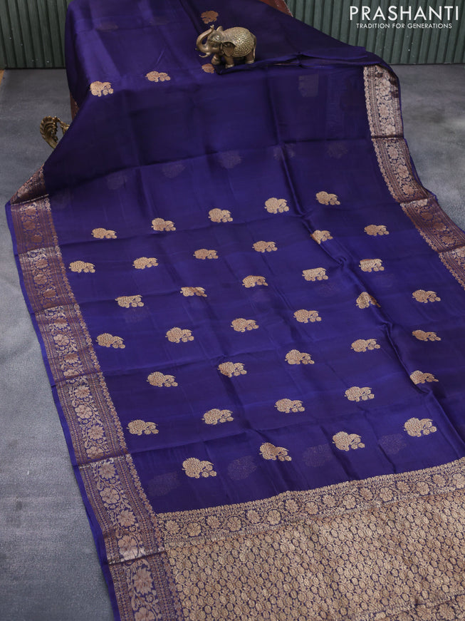 Banarasi organza silk saree navy blue with thread & zari woven buttas and banarasi style border