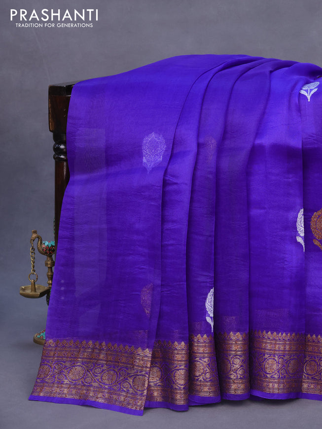 Banarasi organza silk saree royal blue with thread & zari woven buttas and banarasi style border