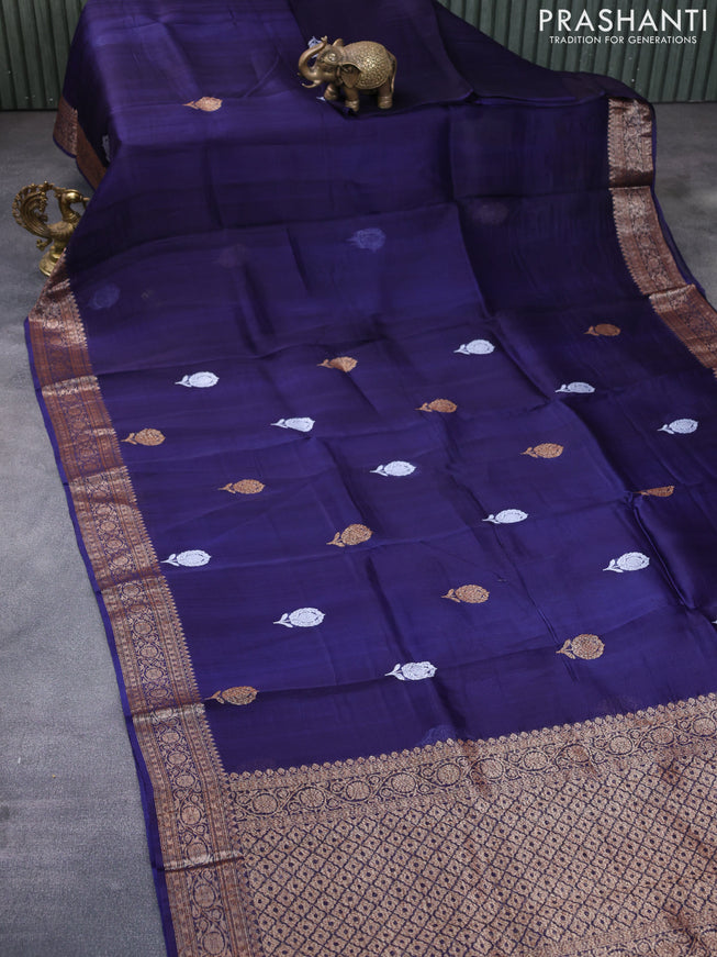 Banarasi organza silk saree navy blue with thread & zari woven buttas and banarasi style border